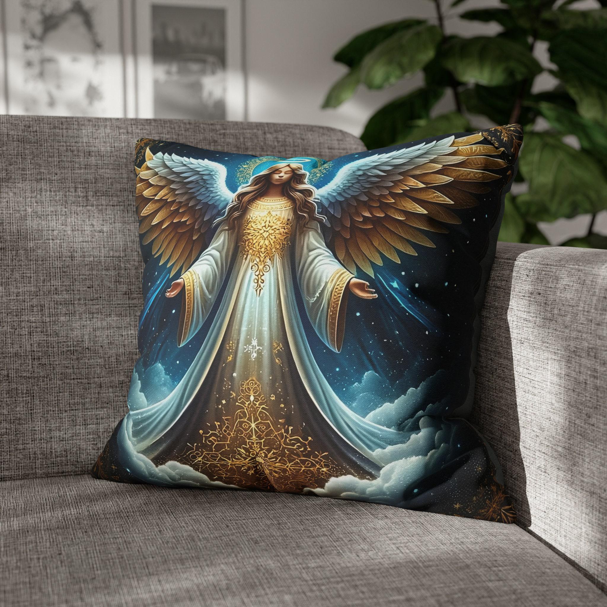Angelic Christmas Pillow Cover: Golden Wings, Starlit Night Design