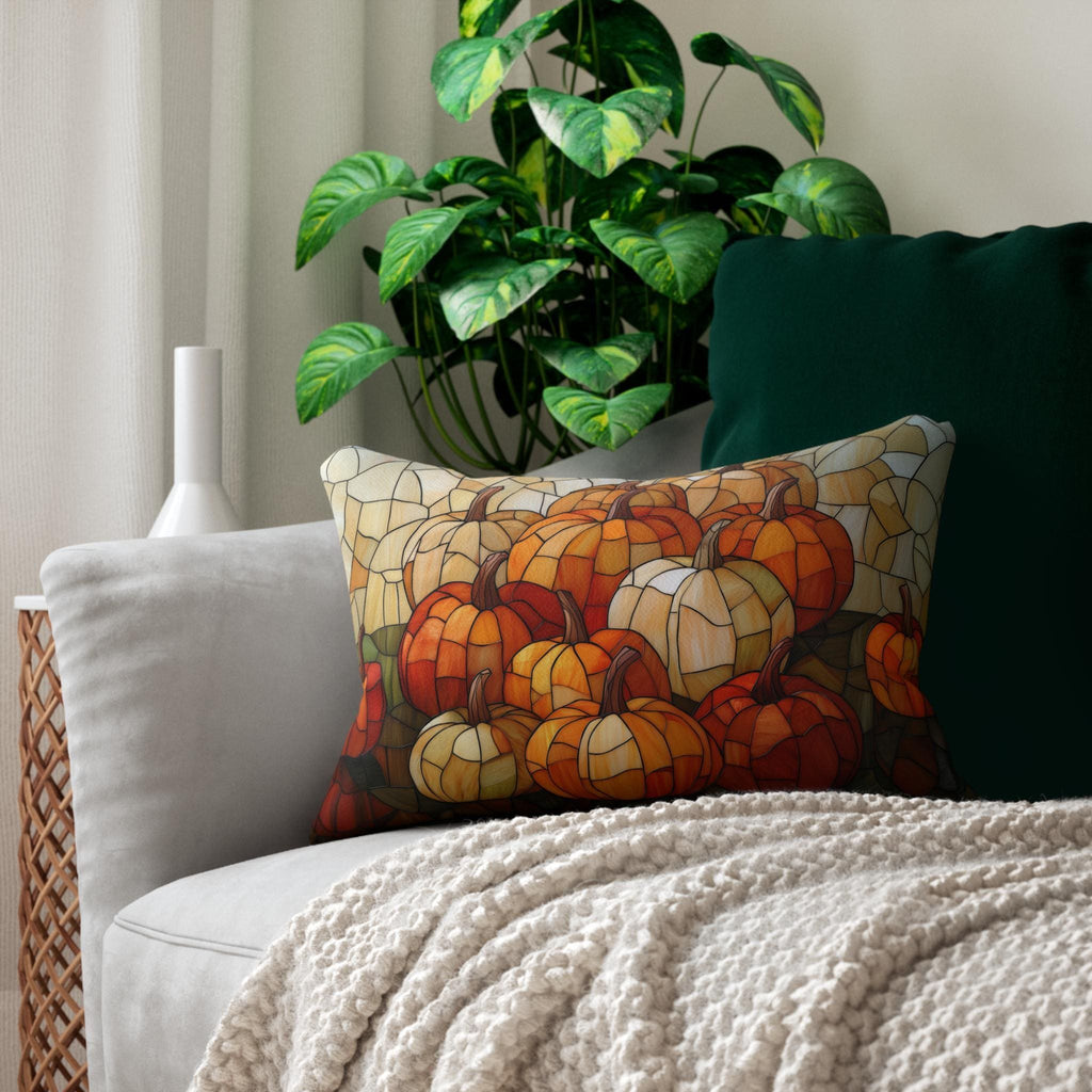 Pumpkin Mosaic Lumbar Pillow, Fall Decor, Stained Glass Effect