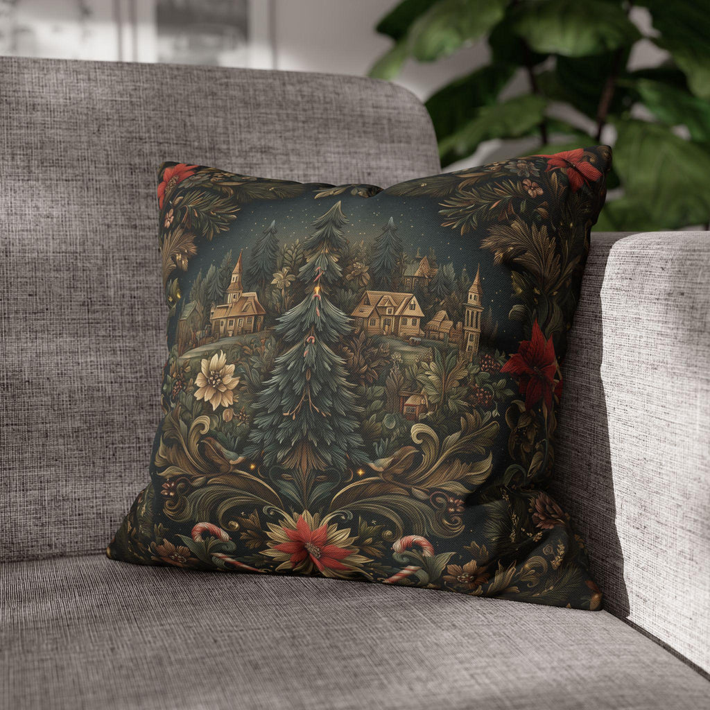 Storybook Village Christmas Pillow Cover: William Morris Style, Pine Green and Crimson Florals