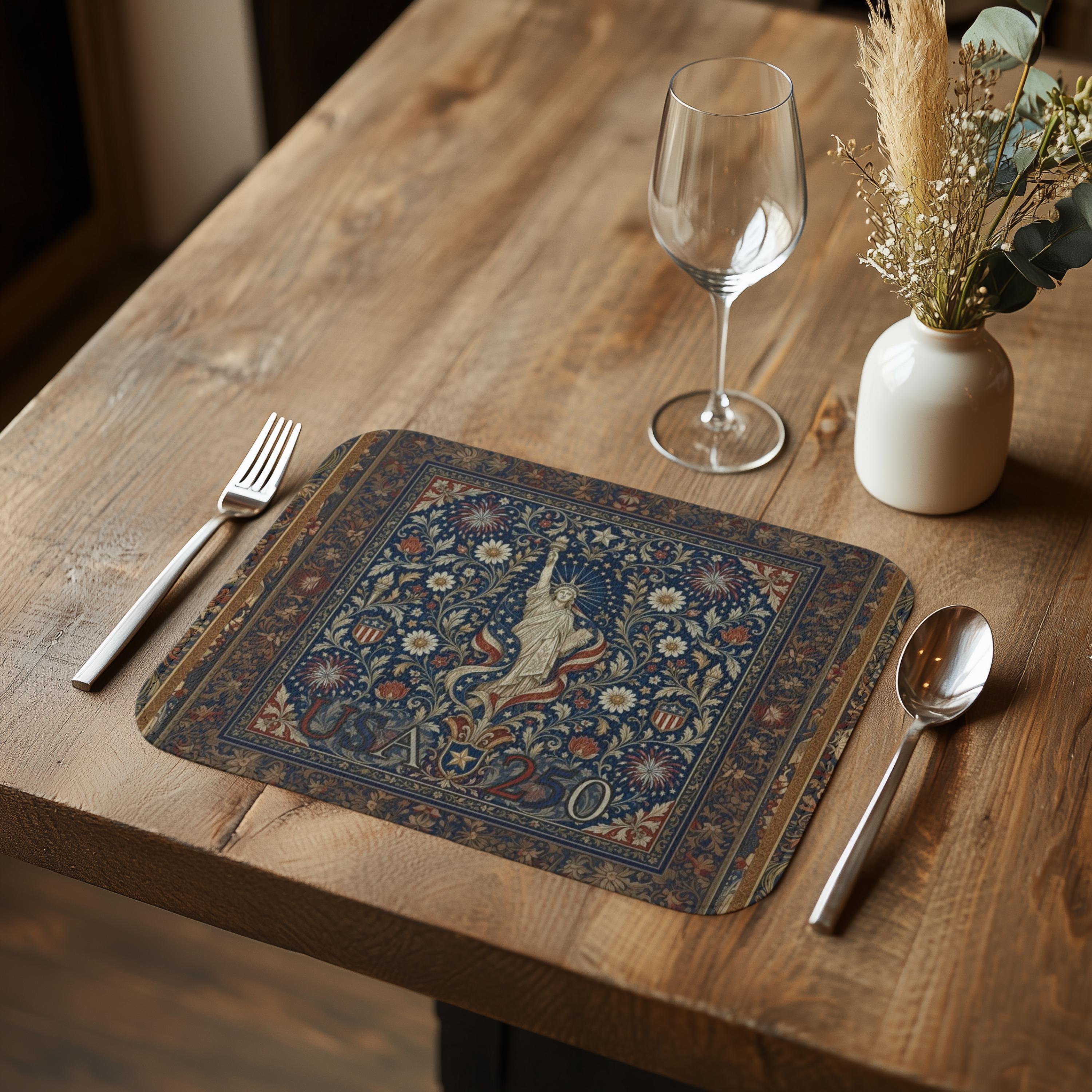 Patriotic Floral Tapestry Leather Placemat: USA 250 Keepsake Decor