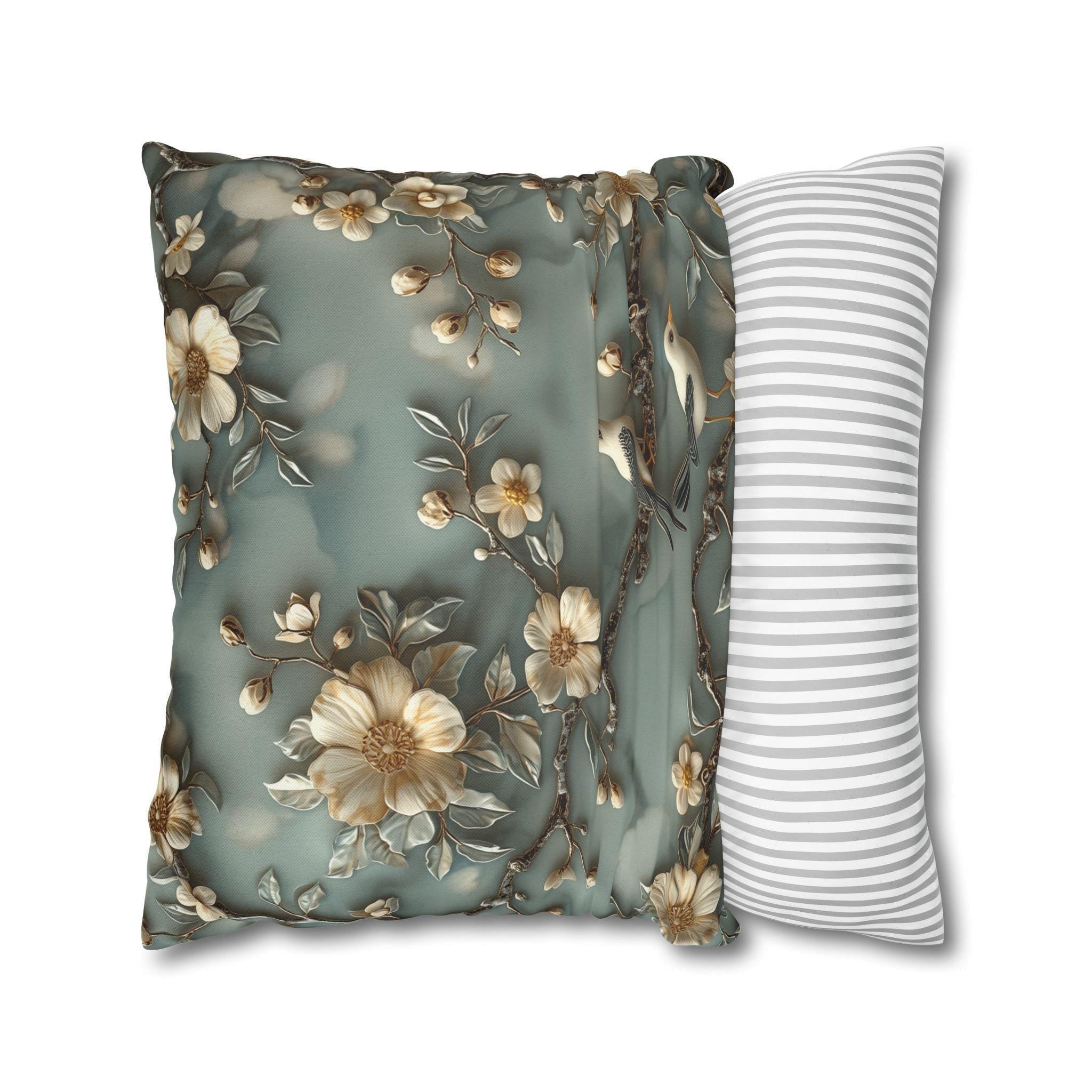 Elegant Chinoiserie Floral Pillow Cover: Cream Blossoms on Dreamy Soft Blue Background