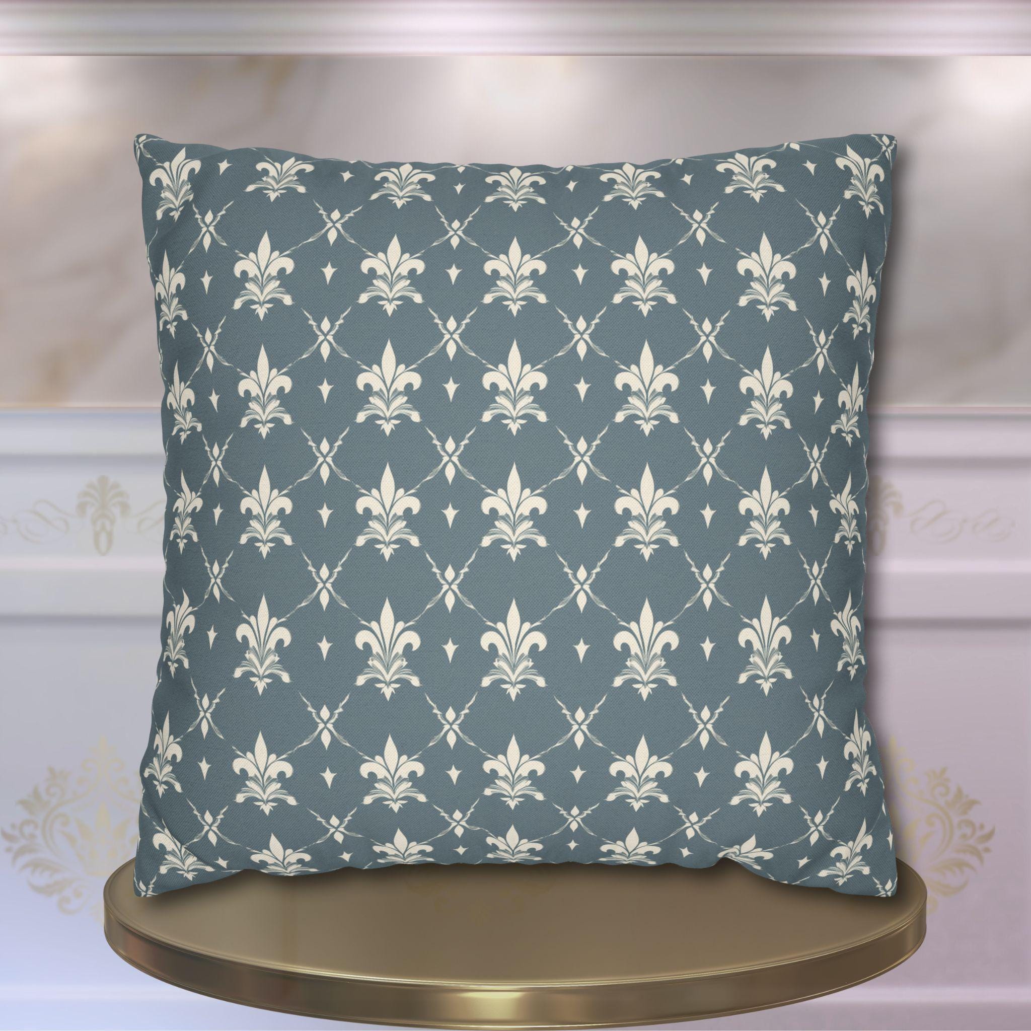 Elegant Fleur de Lis Pillow Cover: French Chateau Diamond Lattice Pattern in Soft Blue-Gray