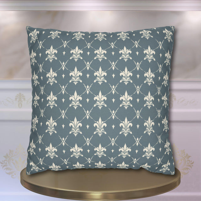 Elegant Fleur de Lis Pillow Cover: French Chateau Diamond Lattice Pattern in Soft Blue-Gray