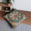 Turkish Kilim-Inspired Tufted Floor Cushion: Vibrant Teal & Coral Medallion Design for Bohemian Seating