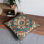 Turkish Kilim-Inspired Tufted Floor Cushion: Vibrant Teal & Coral Medallion Design for Bohemian Seating