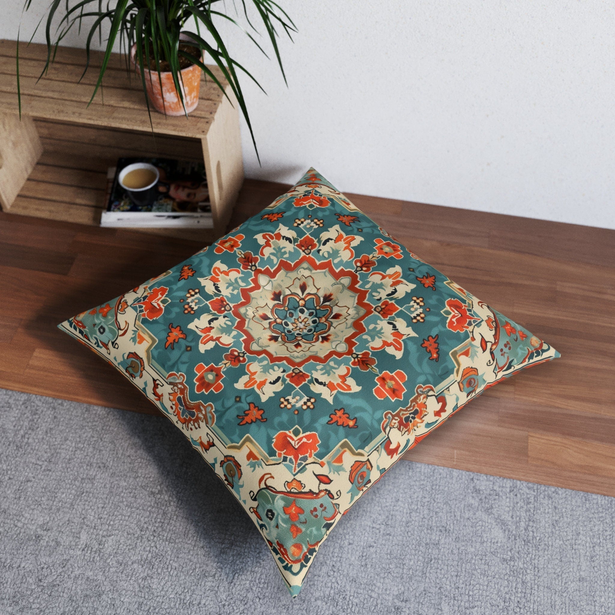 Turkish Kilim-Inspired Tufted Floor Cushion: Vibrant Teal & Coral Medallion Design for Bohemian Seating