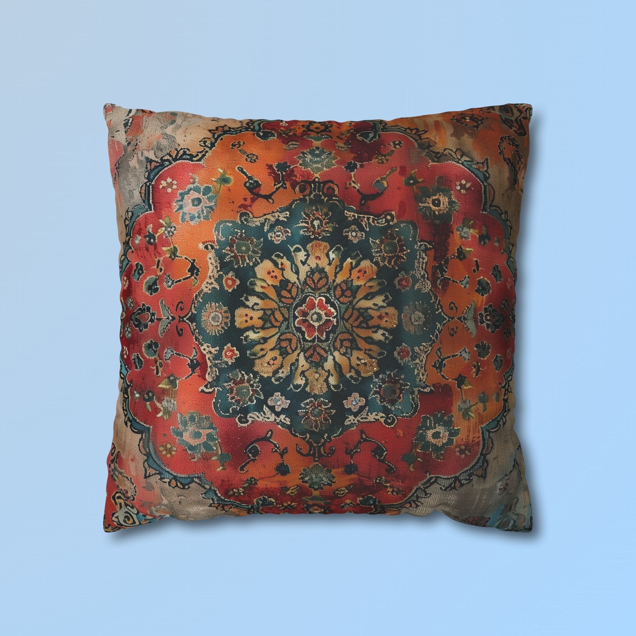 Medallion Persian Rug Pillow Cover: Teal, Red, and Orange