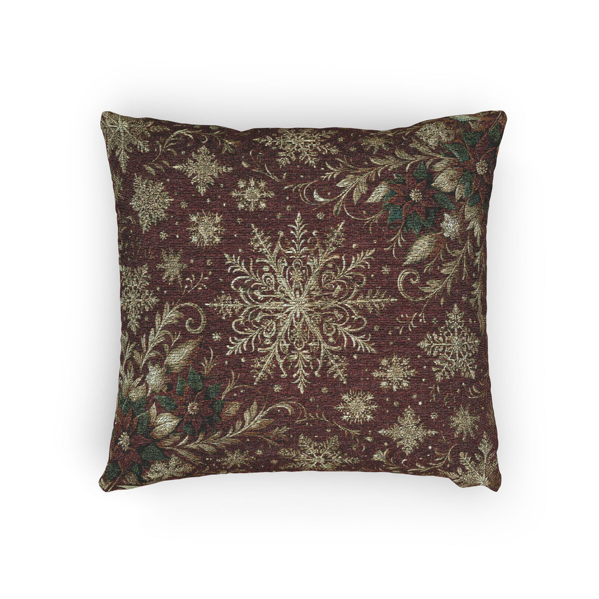 Snowflakes and Poinsettias Christmas Pillow : Red and Ivory-Gold Heritage Holiday Jacquard Woven Throw