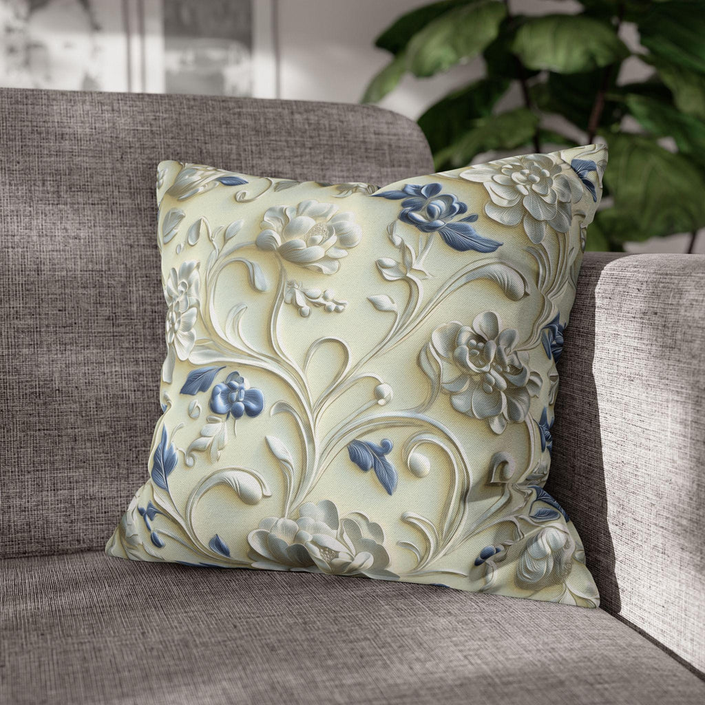 Elegant Chinoiserie Floral Pillowcase: Ivory & Blue Porcelain-Inspired Square Cover for Home Decor