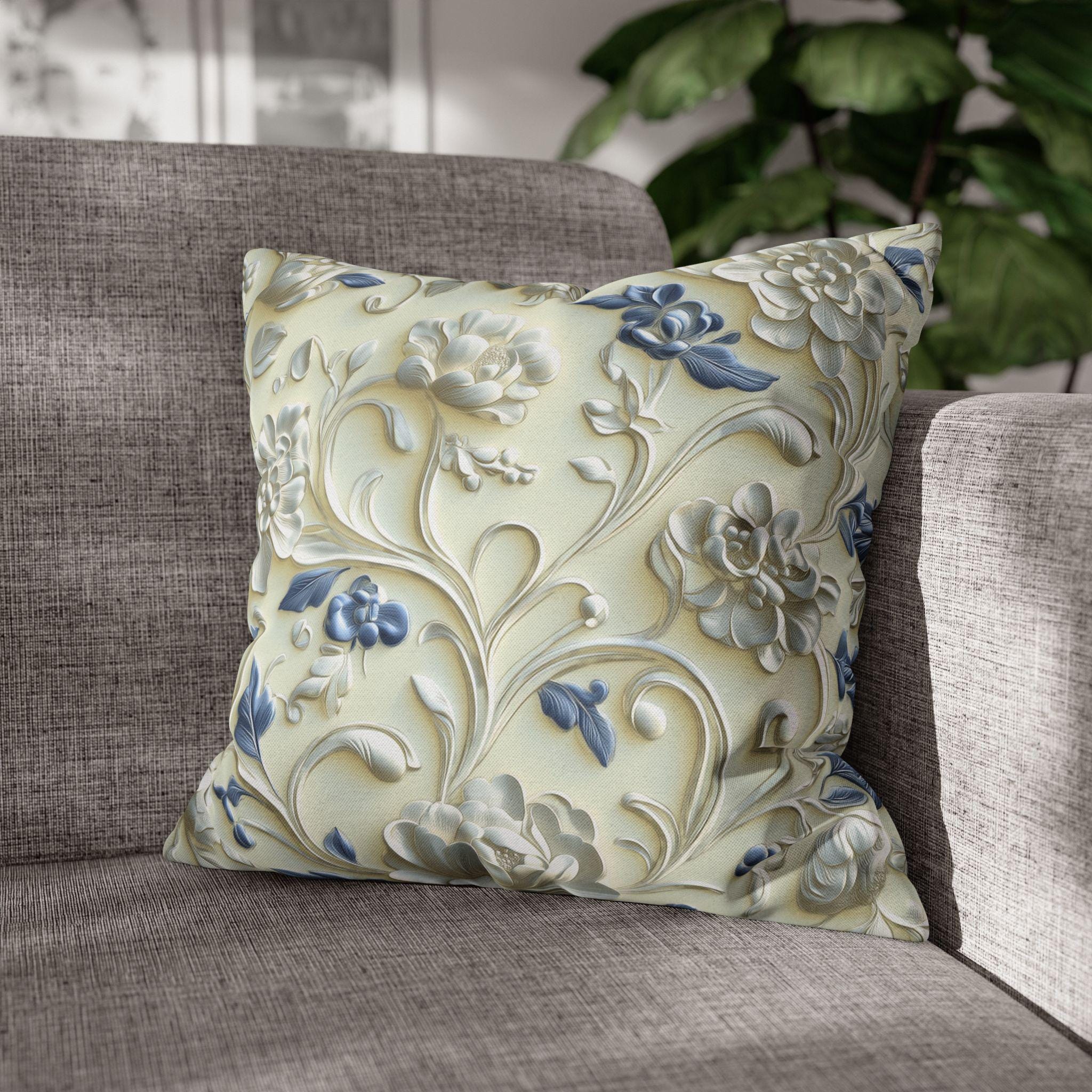Elegant Chinoiserie Floral Pillowcase: Ivory & Blue Porcelain-Inspired Square Cover for Home Decor