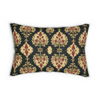 Ikat Lumbar Pillow: Red & Gold Floral Medallions, Holiday Cushion