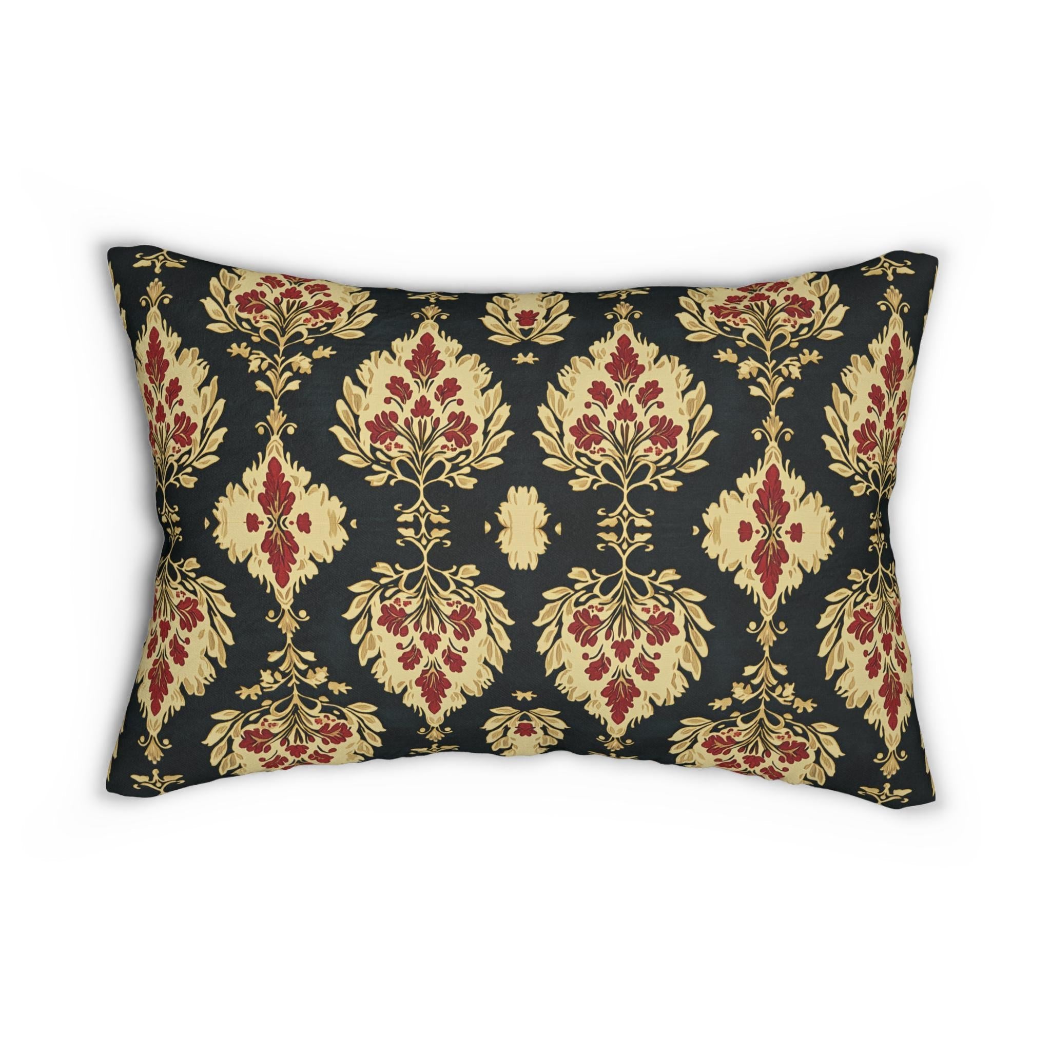 Ikat Lumbar Pillow: Red & Gold Floral Medallions, Holiday Cushion