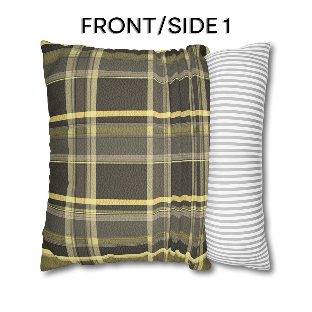 Vegan Faux Suede Material Printed Pillow Cover: Modern Olive & Golden Yellow Plaid Soft Leather-Look