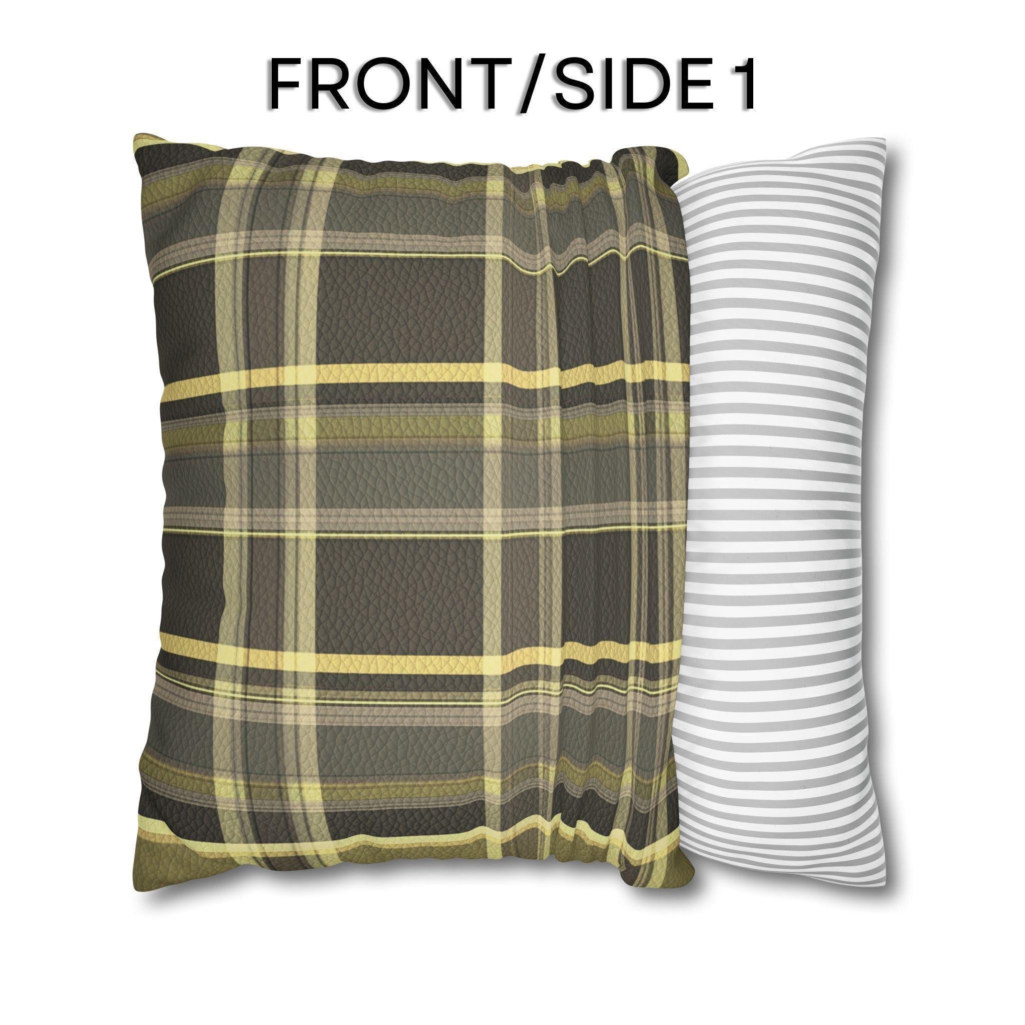 Vegan Faux Suede Material Printed Pillow Cover: Modern Olive & Golden Yellow Plaid Soft Leather-Look