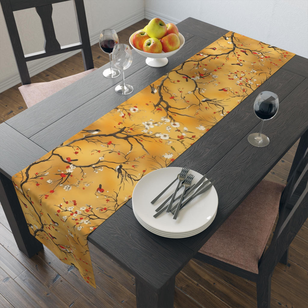 Chinoiserie Table Runner: Gold, Red Blossoms & Birds - Asian Decor