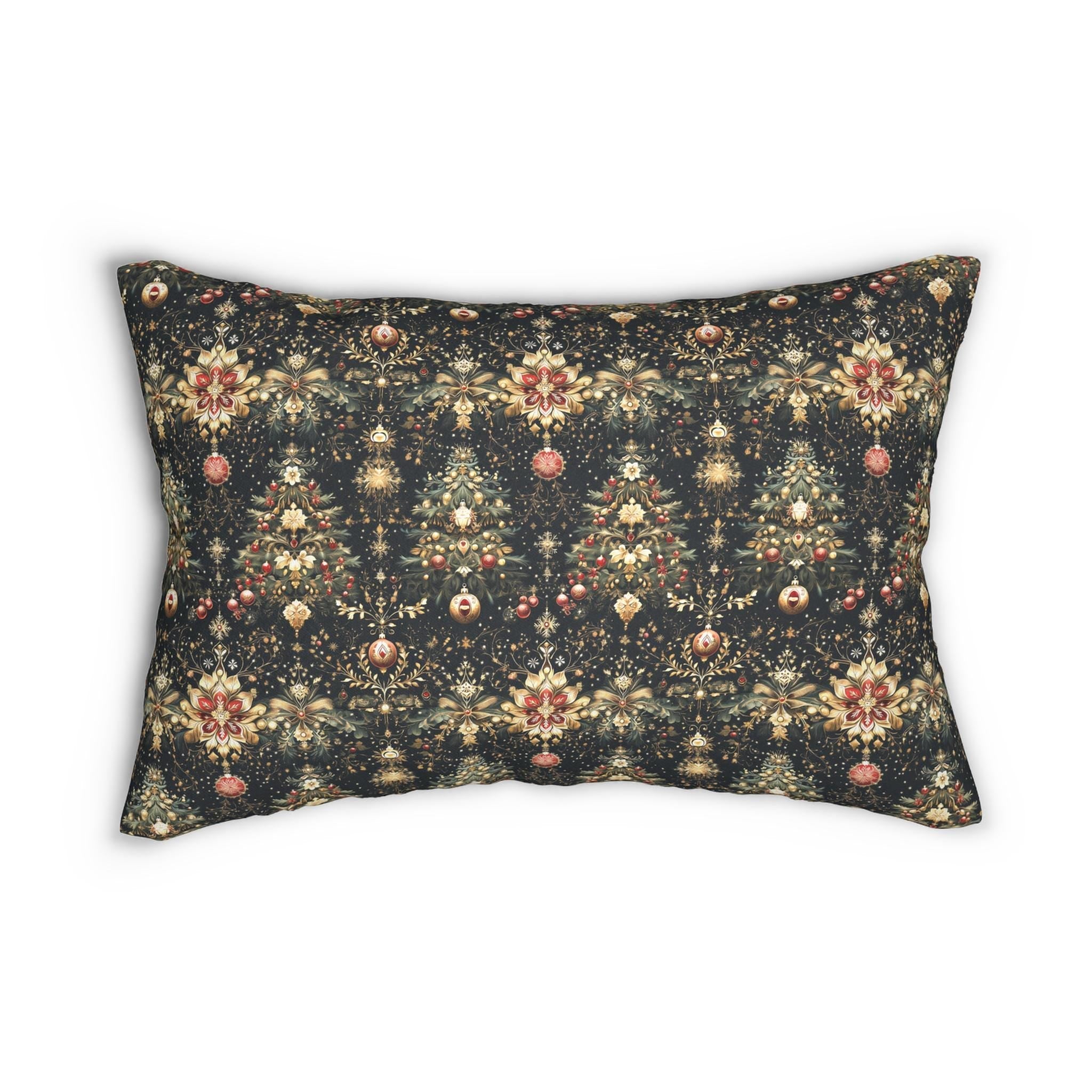 Christmas Tree Lumbar Pillow: Luxe Gold Red & Green on Deep Charcoal Holiday Decor