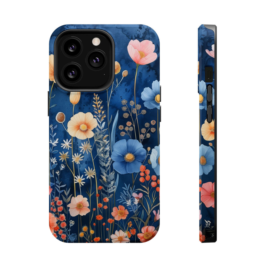 Blue Wildflower MagSafe iPhone Case: Dreamy Floral Design 14 15 16 Pro Plus Max