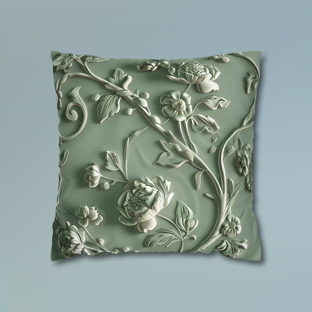 Elegant Chinoiserie Floral Pillow Cover: Sage & Teal Monochromatic Sculpted Botanical Cushion Case