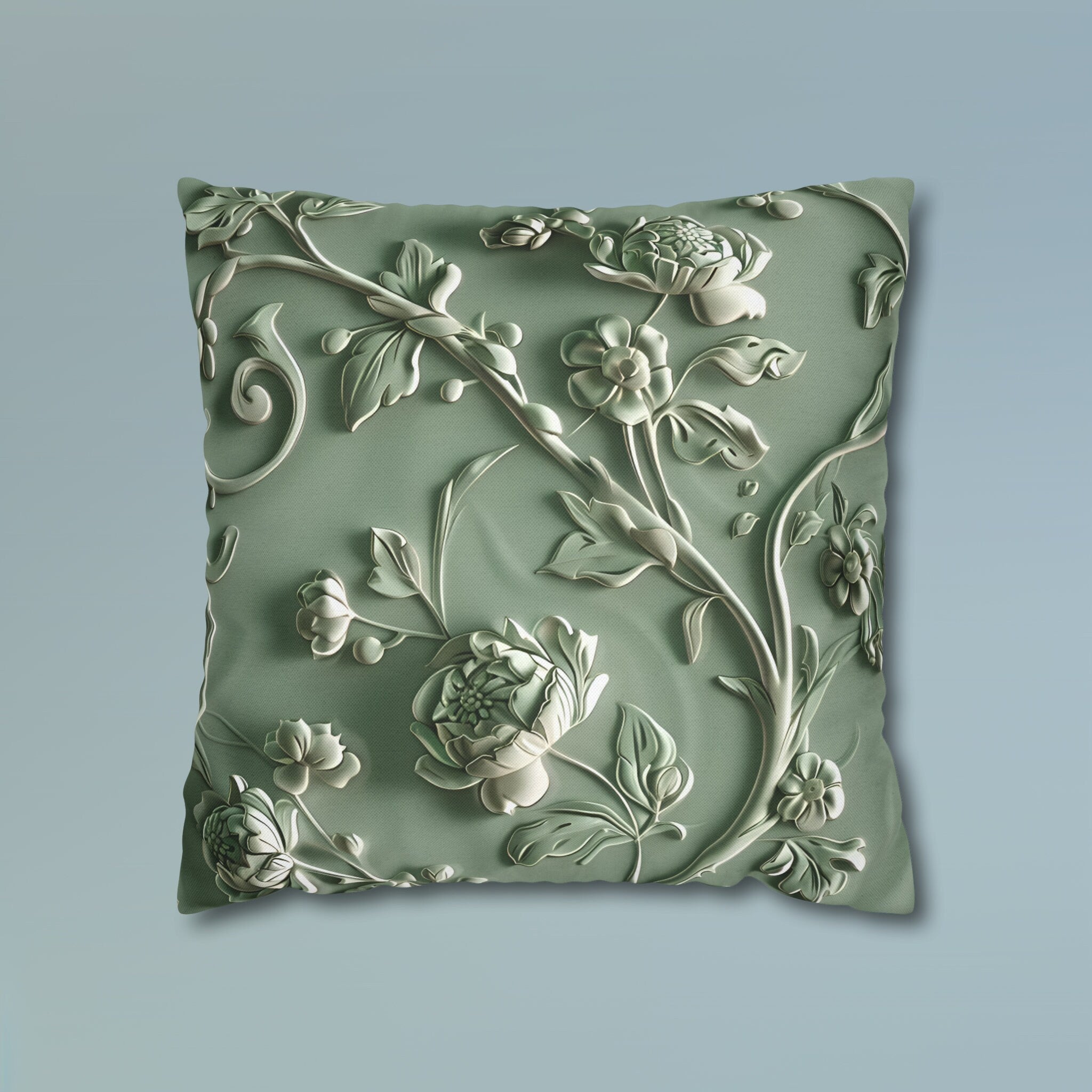 Elegant Chinoiserie Floral Pillow Cover: Sage & Teal Monochromatic Sculpted Botanical Cushion Case
