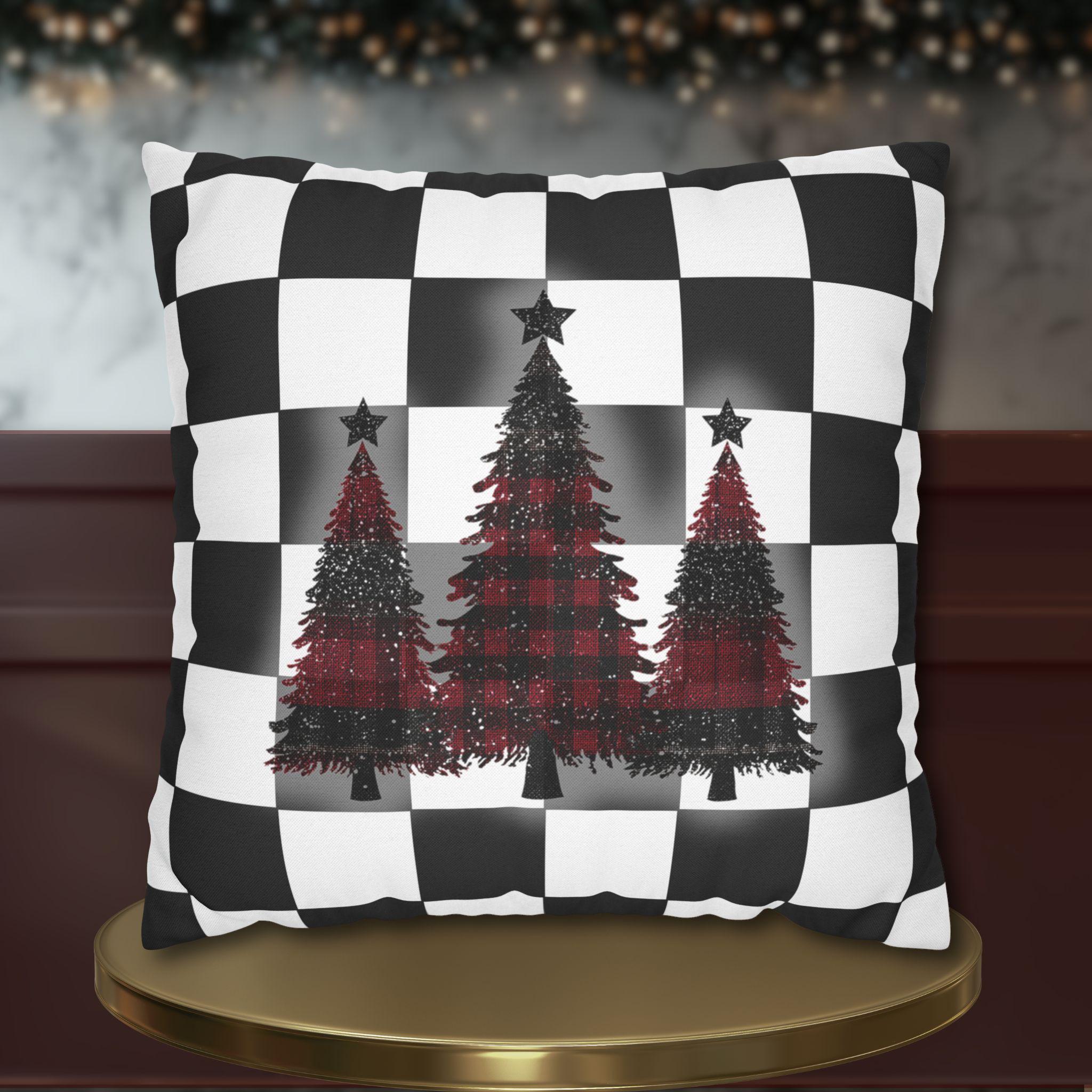 Buffalo Check Christmas Pillow Cover - Red, Black, White Plaid Trees