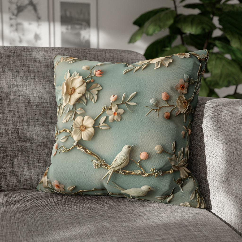 Chinoiserie Pillow Cover: 3D Birds & Blooms, Pastel Blue Accent
