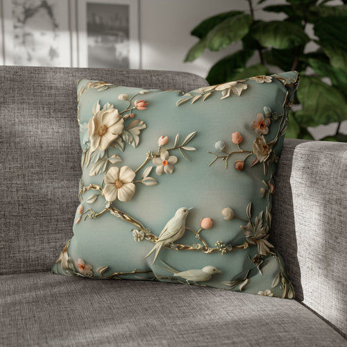 Chinoiserie Pillow Cover: 3D Birds & Blooms, Pastel Blue Accent