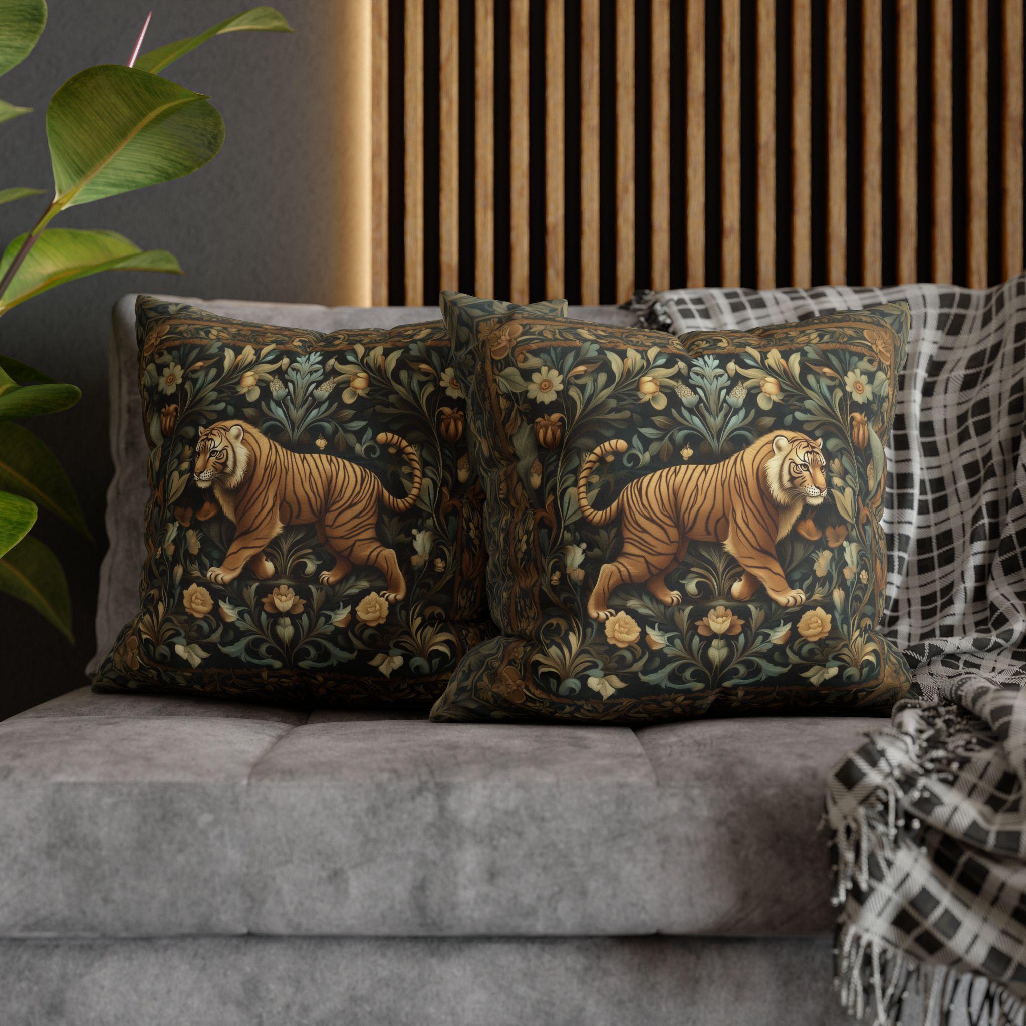 William Morris Inspired Tiger in the Garden Pillow Cover: Botanical Tapestry Accent