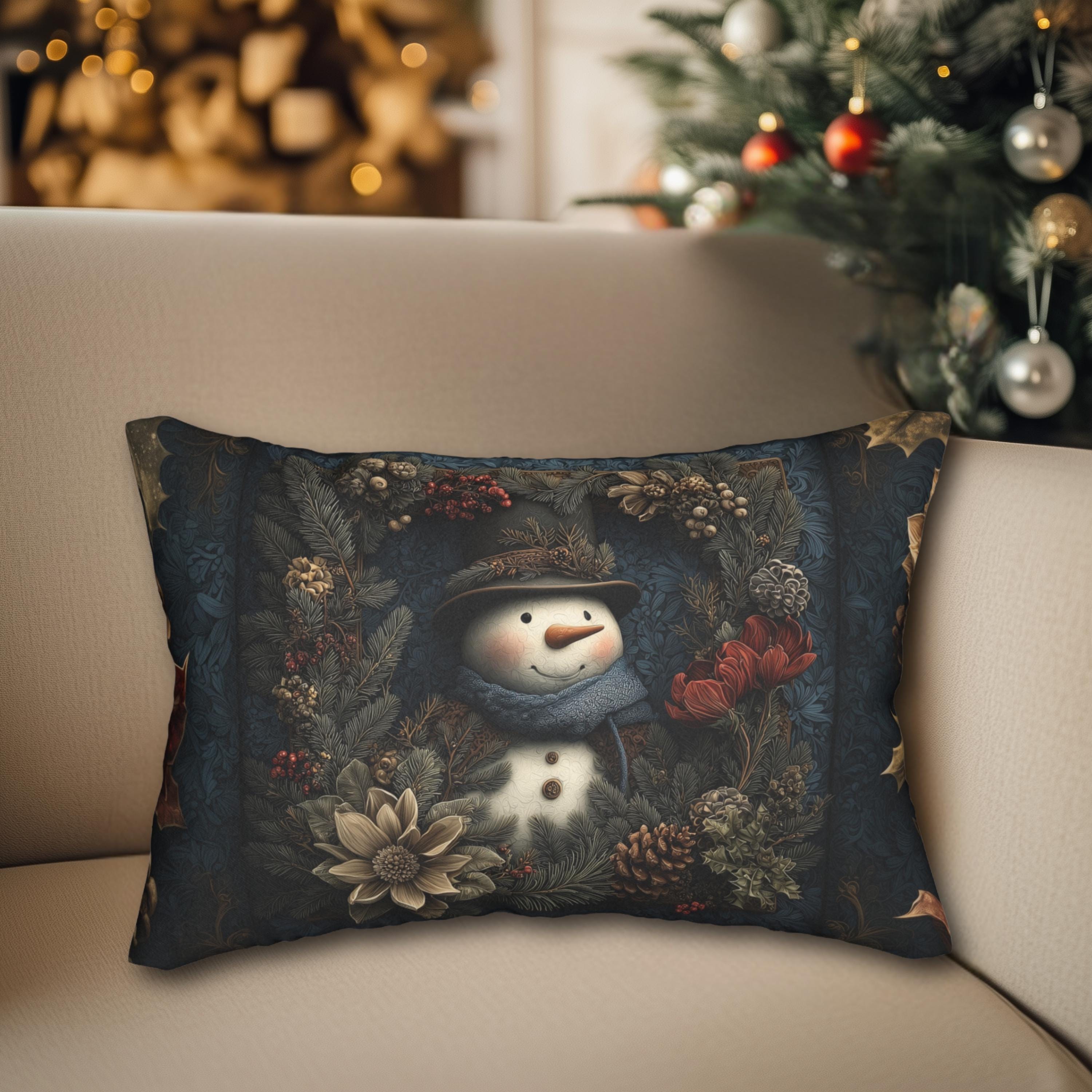 Winter Woodland Snowman Lumbar Pillow: William Morris Style with Pine, Florals & Vintage Charm
