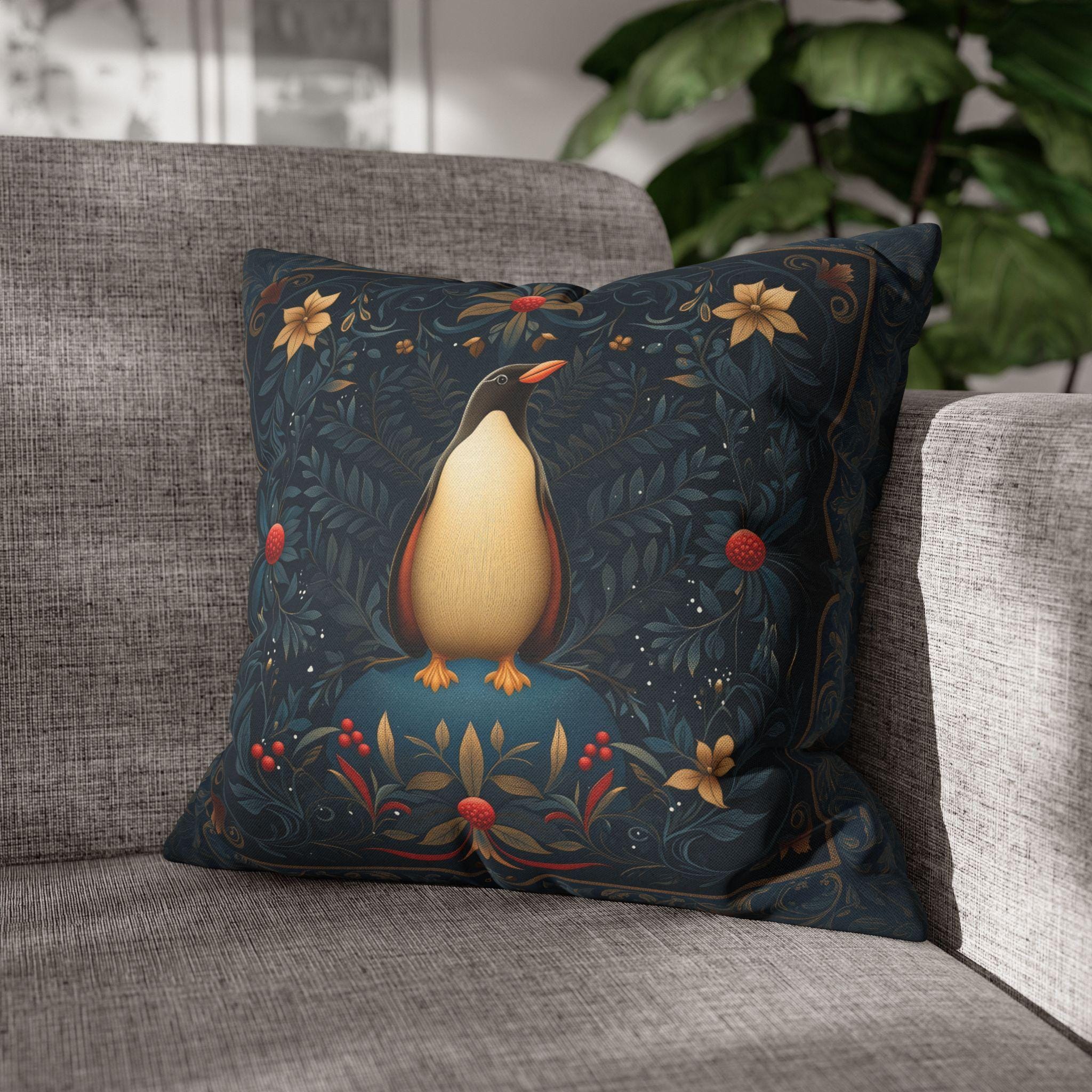 William Morris Christmas Penguin Pillow Cover:  Elegant Winter Holiday Accent