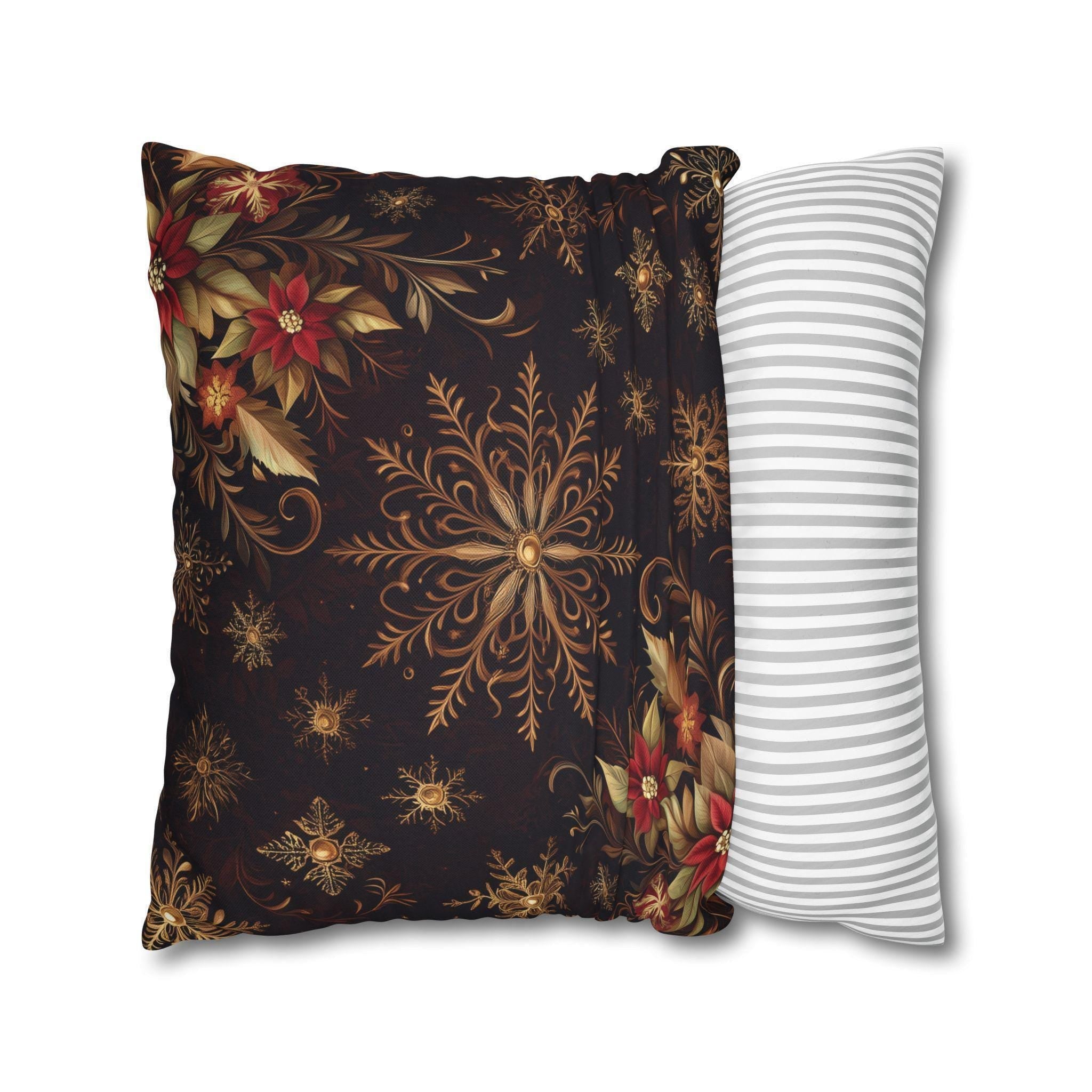 Luxurious Snowflake Poinsettia Pillowcase, Burgundy & Gold Christmas Winter Decor, Elegant Holiday Pillow Cover