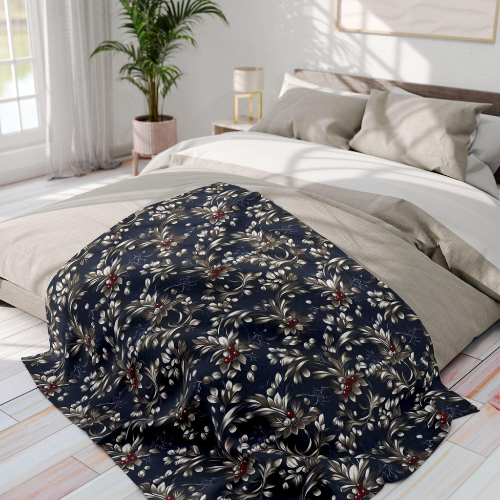 Blue & Silver Holly Fleece Blanket: Festive Christmas Decor