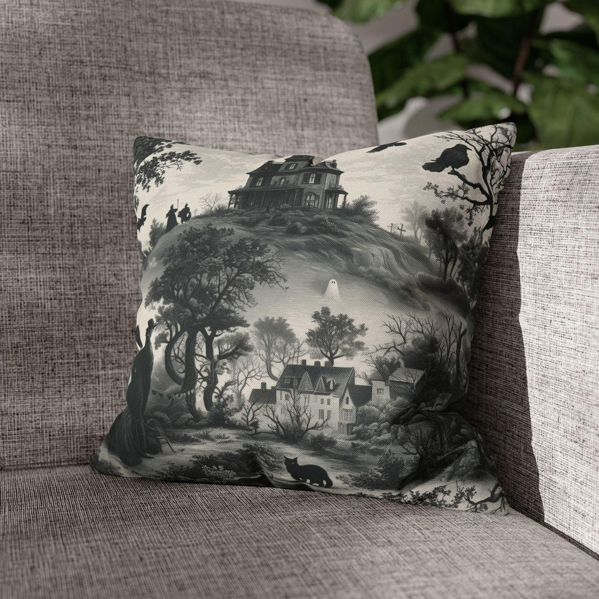 Halloween Toile Pillow Cover: Haunted House, Crows and Black Cat in Monochrome