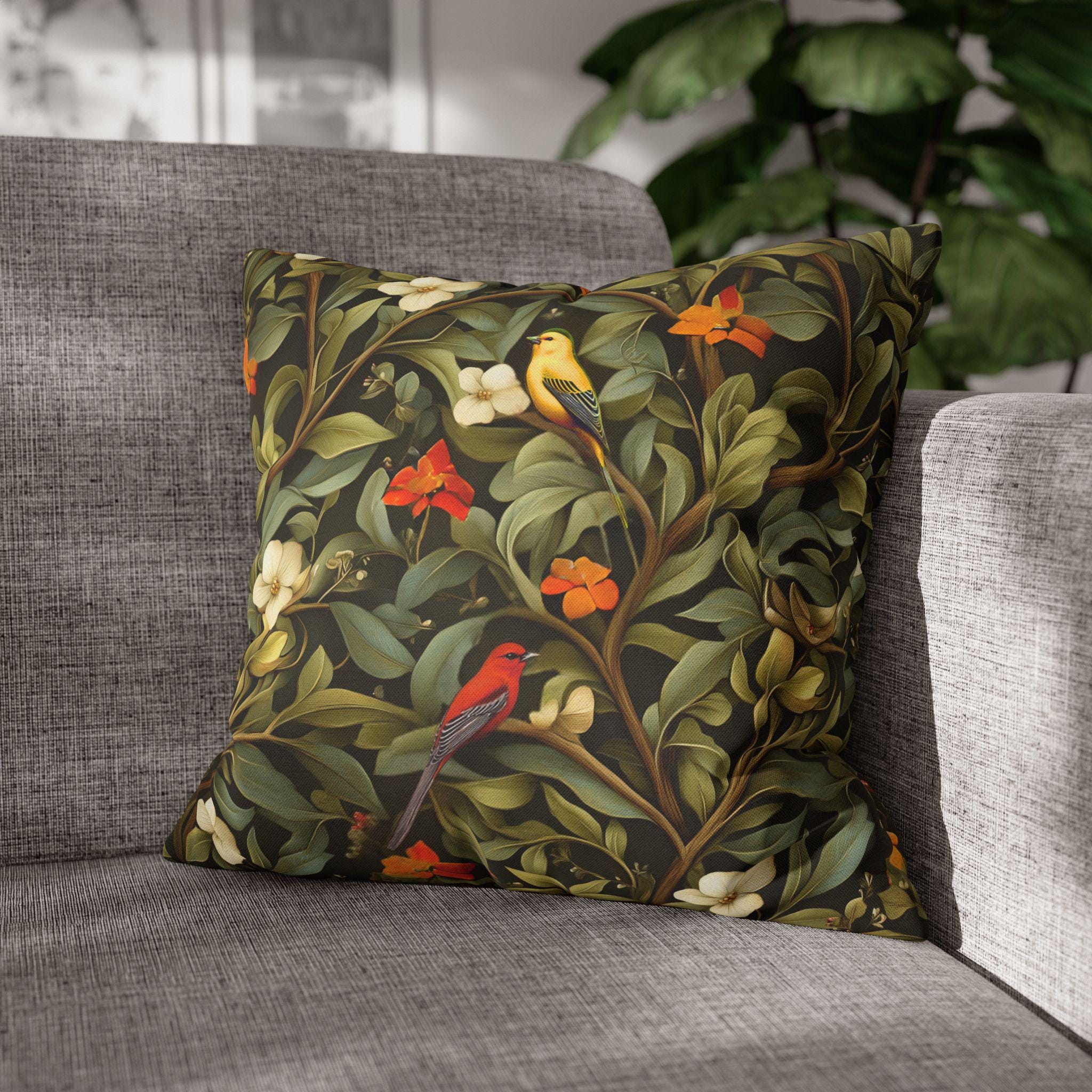 William Morris Inspired Autumn Songbird Pillow Cover: Olive and Pumpkin Arts & Crafts Heritage Design