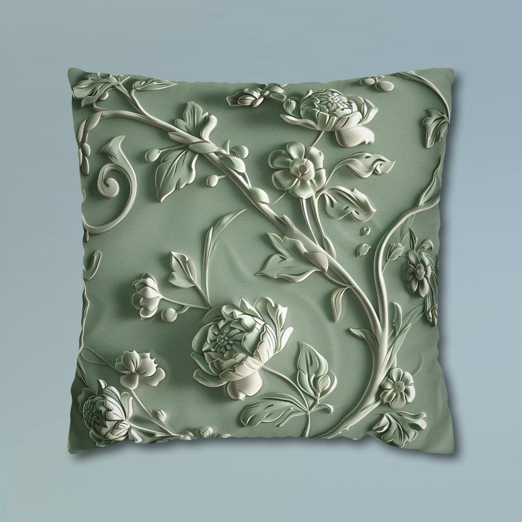 Elegant Chinoiserie Floral Pillow Cover: Sage & Teal Monochromatic Sculpted Botanical Cushion Case
