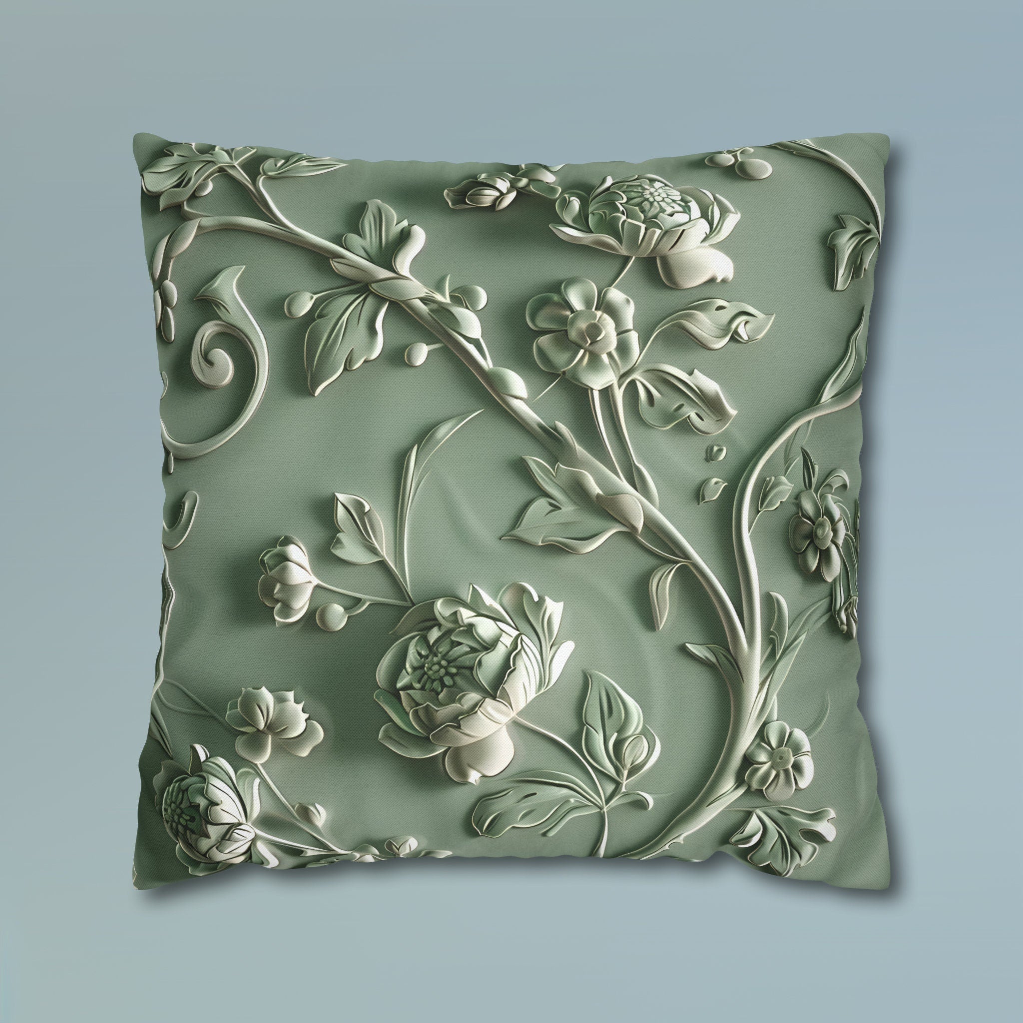 Elegant Chinoiserie Floral Pillow Cover: Sage & Teal Monochromatic Sculpted Botanical Cushion Case