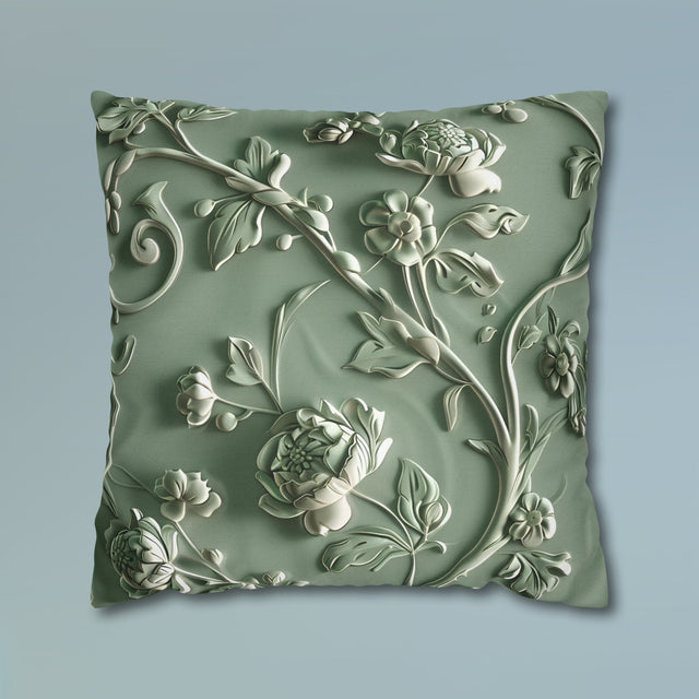 Elegant Chinoiserie Floral Pillow Cover: Sage & Teal Monochromatic Sculpted Botanical Cushion Case