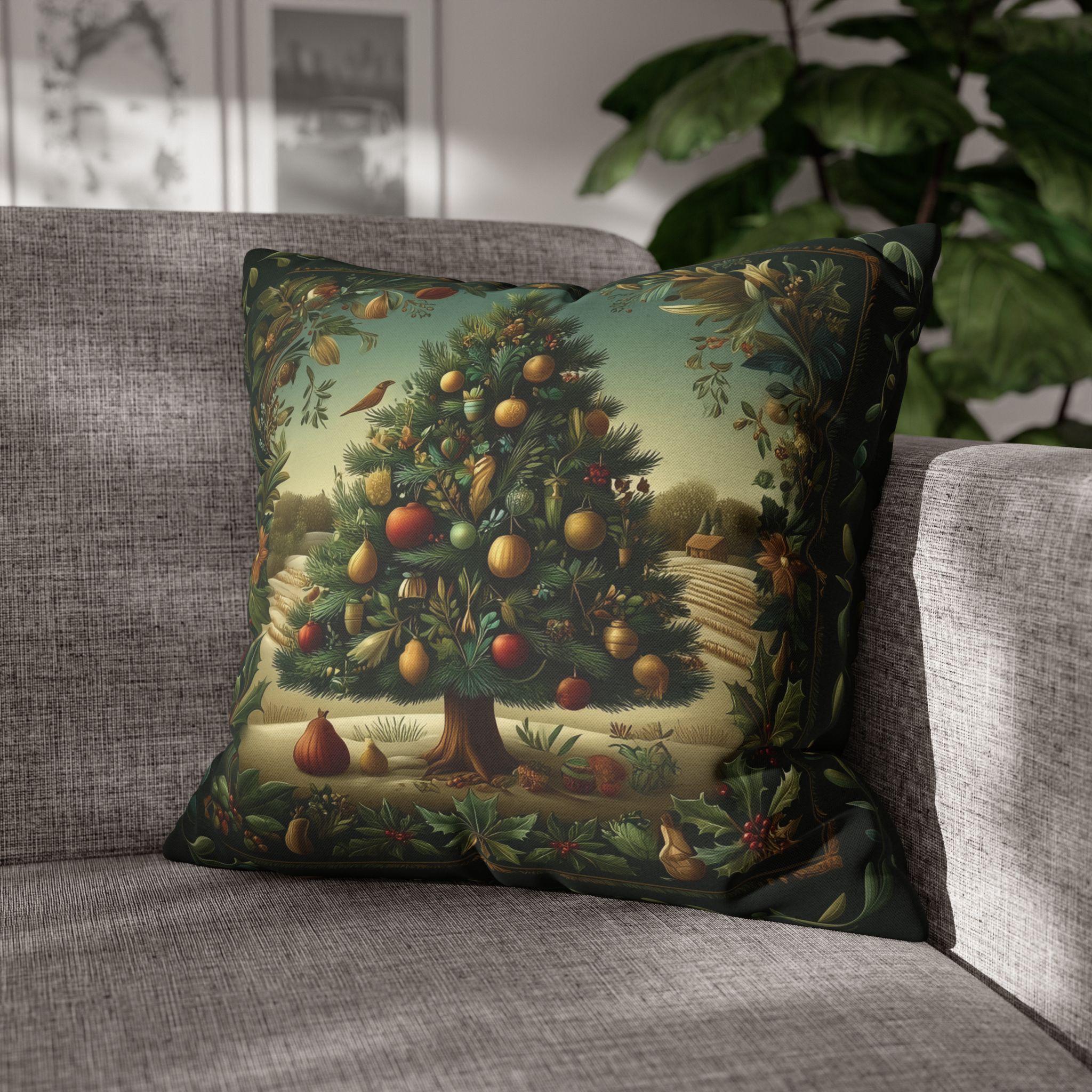 Botanical Christmas Pillow Cover: William Morris Style Decorated Country Farm Tree