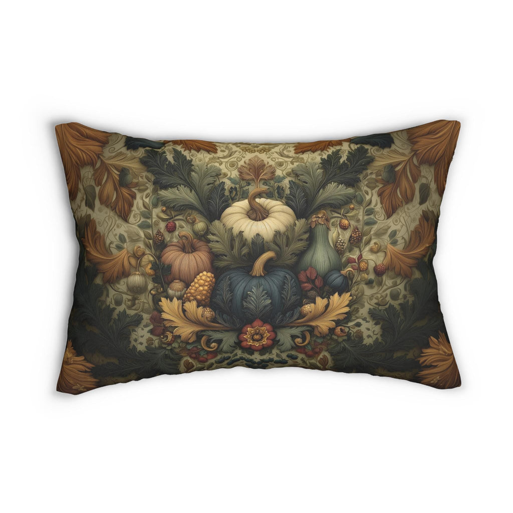 William Morris Inspired Autumn Harvest Tapestry Lumbar Pillow: Deep Teal with Ivory Blue & Gold