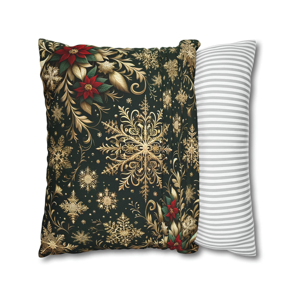 Poinsettia Christmas Holiday Throw Pillow Cover: Golden Snowflakes and Emerald Elegance Decorative Case