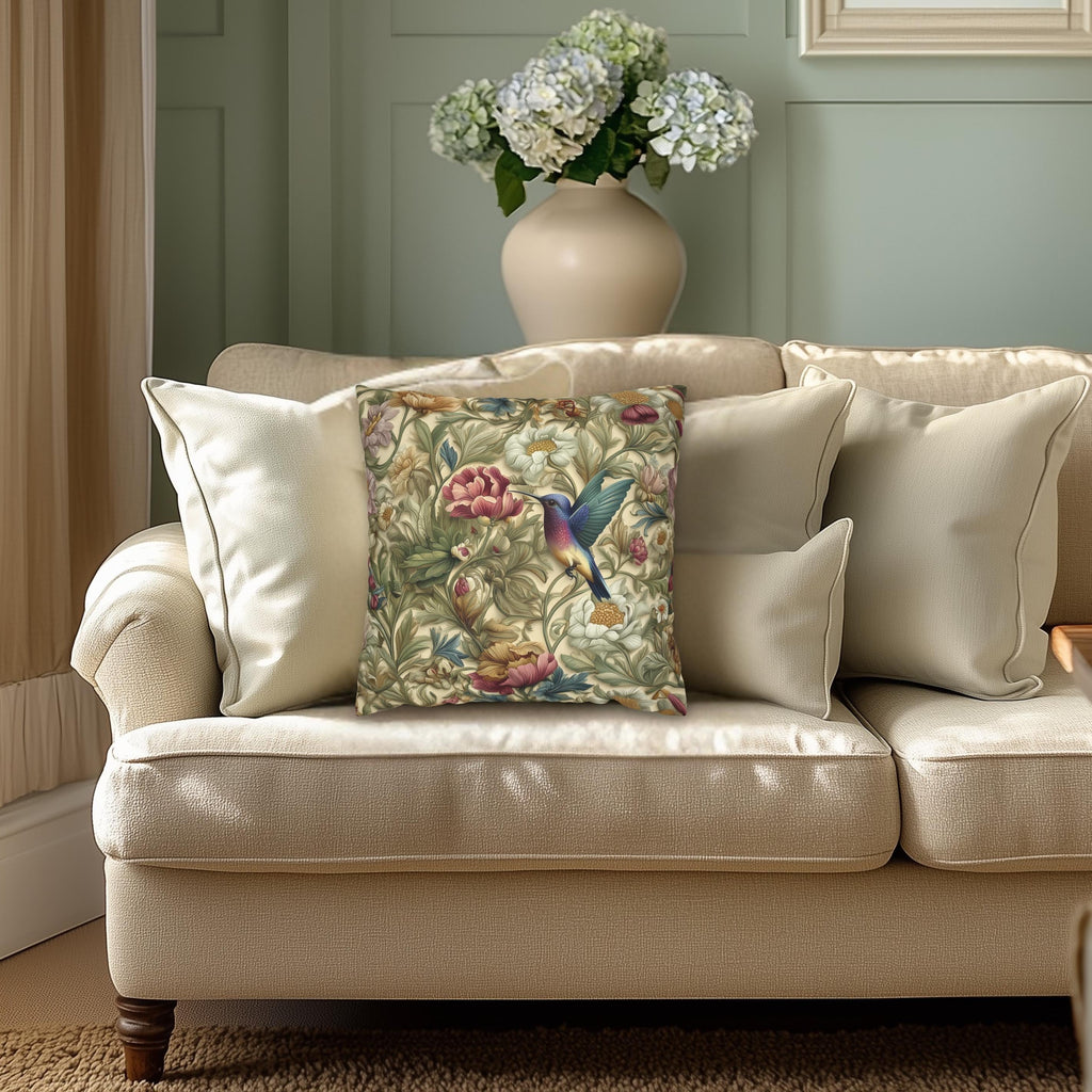 William Morris Inspired Botanical Pillow Cover: Vintage Style Hummingbird & Blooms