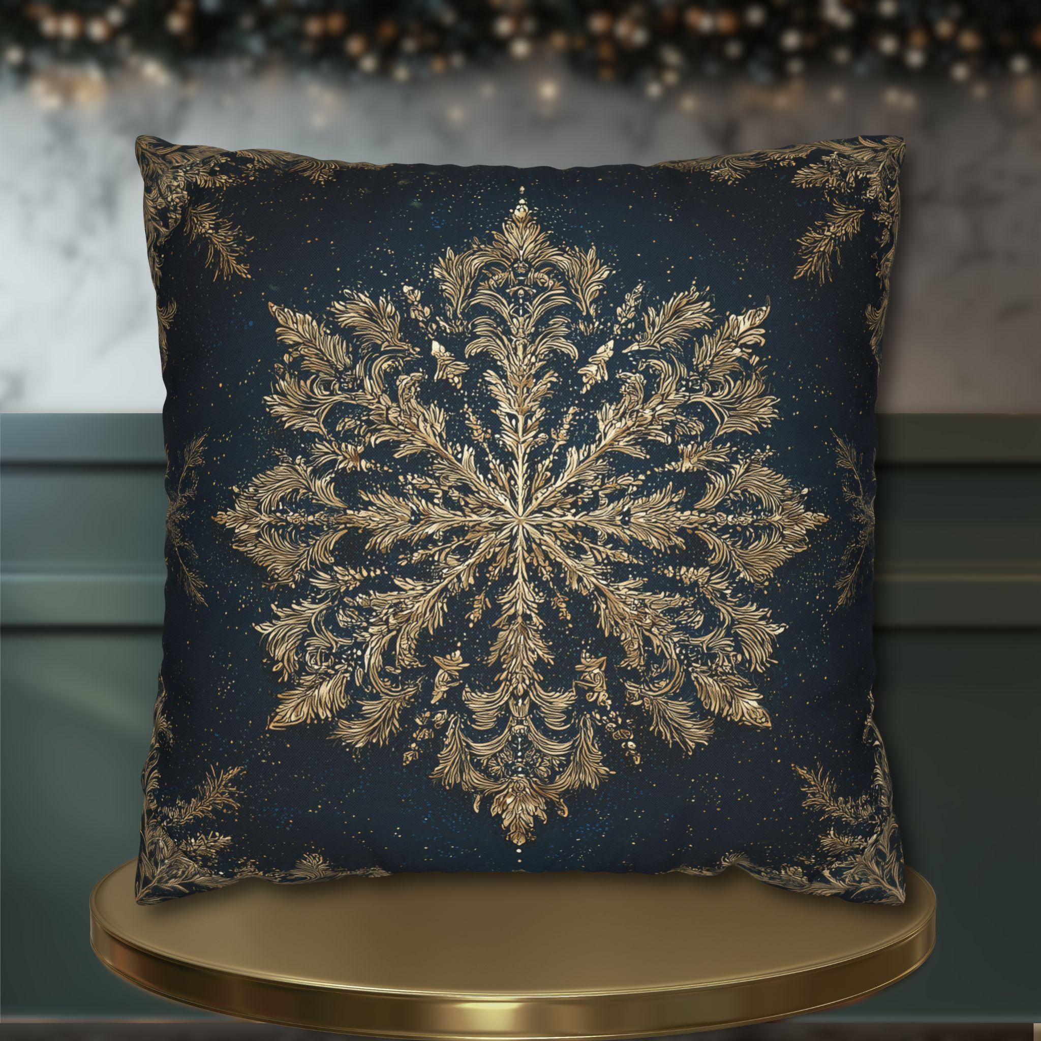 Navy & Gold Christmas Snowflake Pillow Cover: Square Polyester, 14-20 Inches
