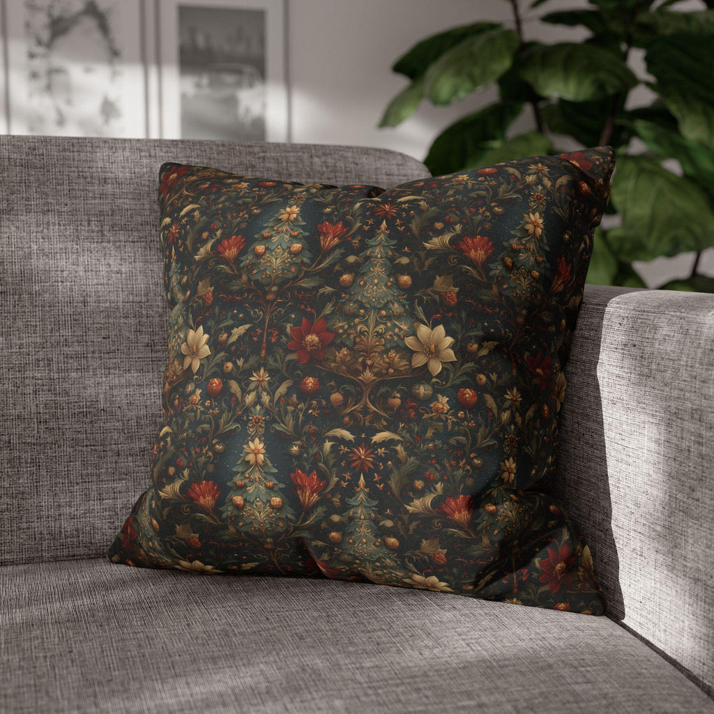 Intricate Christmas Trees and Florals Pillow Cover: William Morris Style Holiday Botanical Design