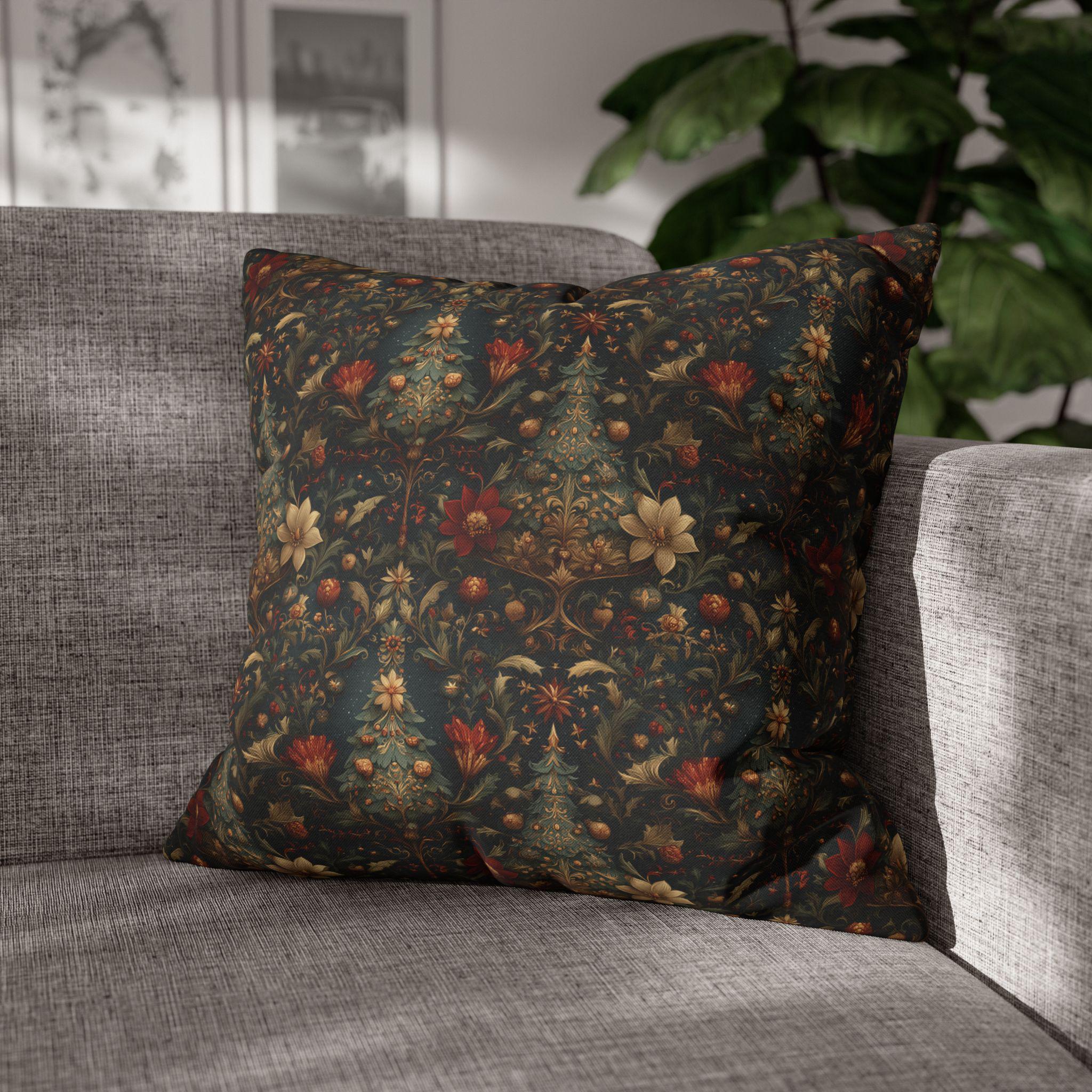 Intricate Christmas Trees and Florals Pillow Cover: William Morris Style Holiday Botanical Design