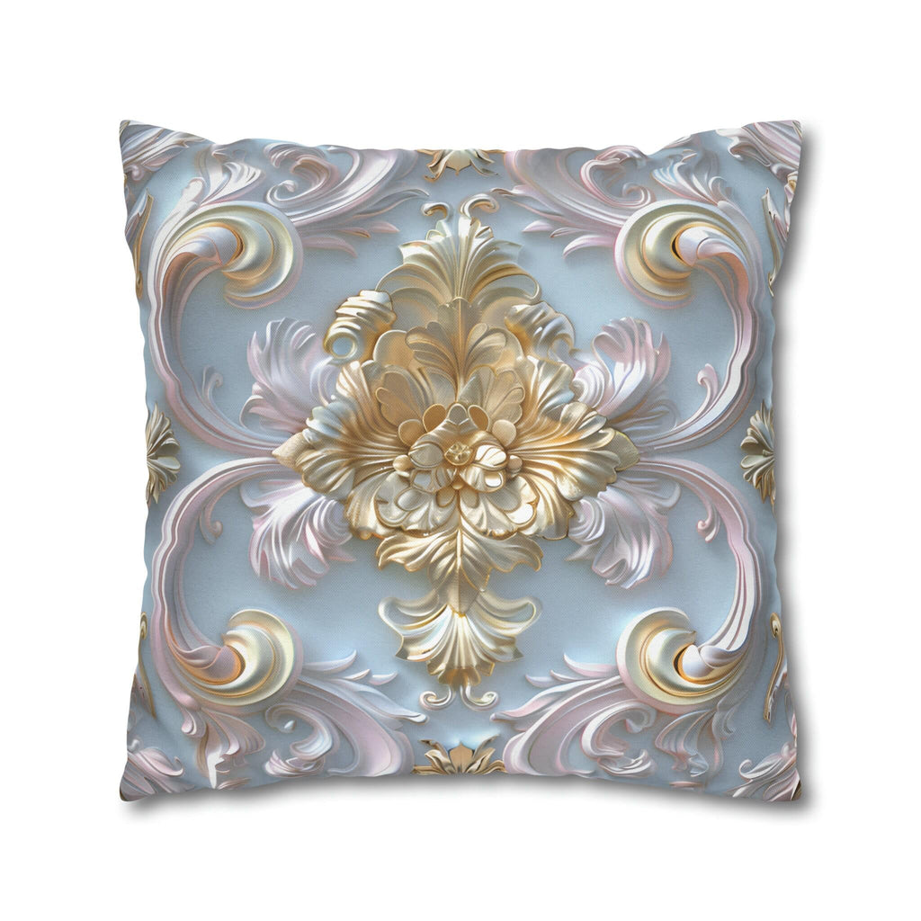 Rococo Coquette Pillow Cover: Pale Gold Floral on Pastel Blue