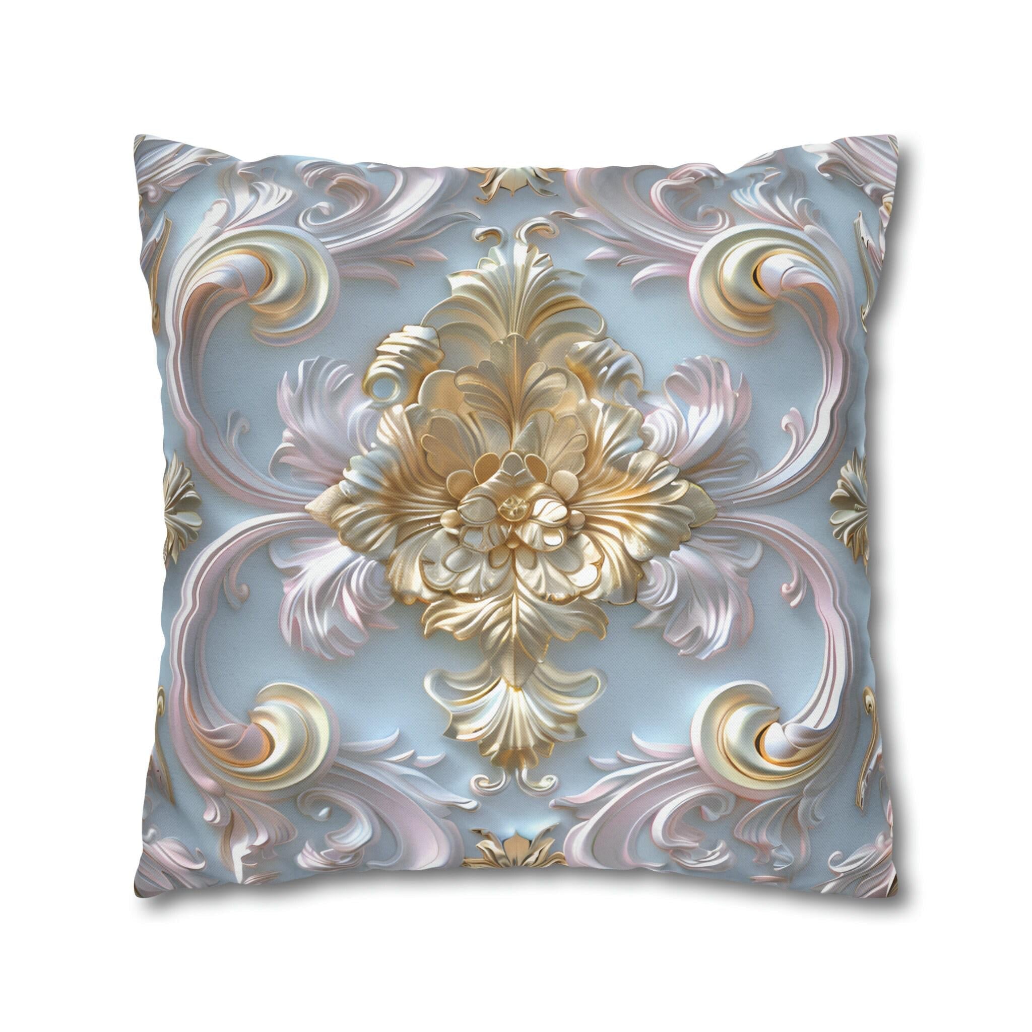 Rococo Coquette Pillow Cover: Pale Gold Floral on Pastel Blue