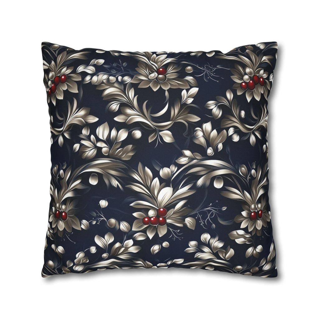 Navy Blue Holly Pillow Cover, Silver Leaf, Red Berry Christmas Decor