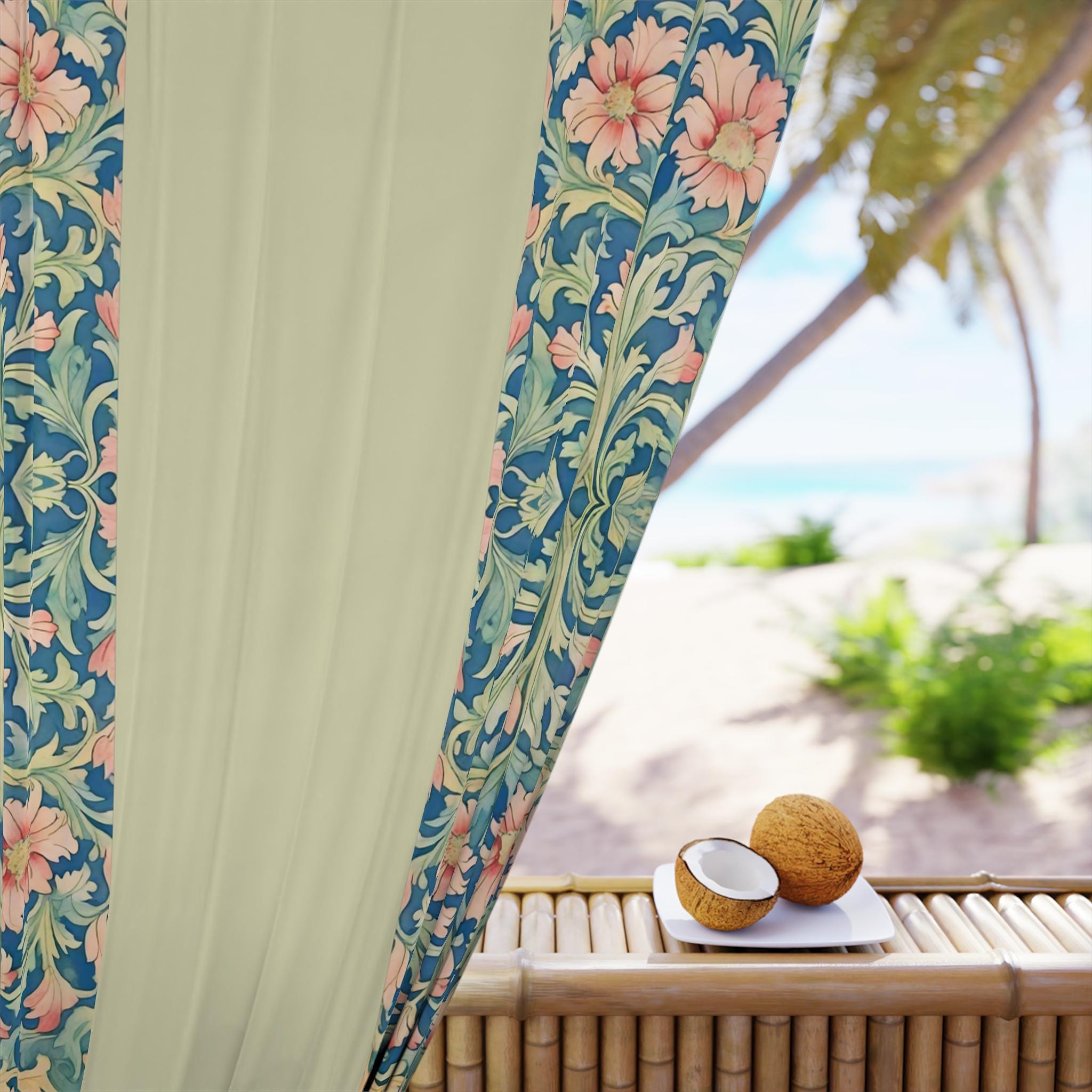 William Morris Pimpernel-Inspired Blackout Panel Curtain: Modern Blue Coral Pink Botanical