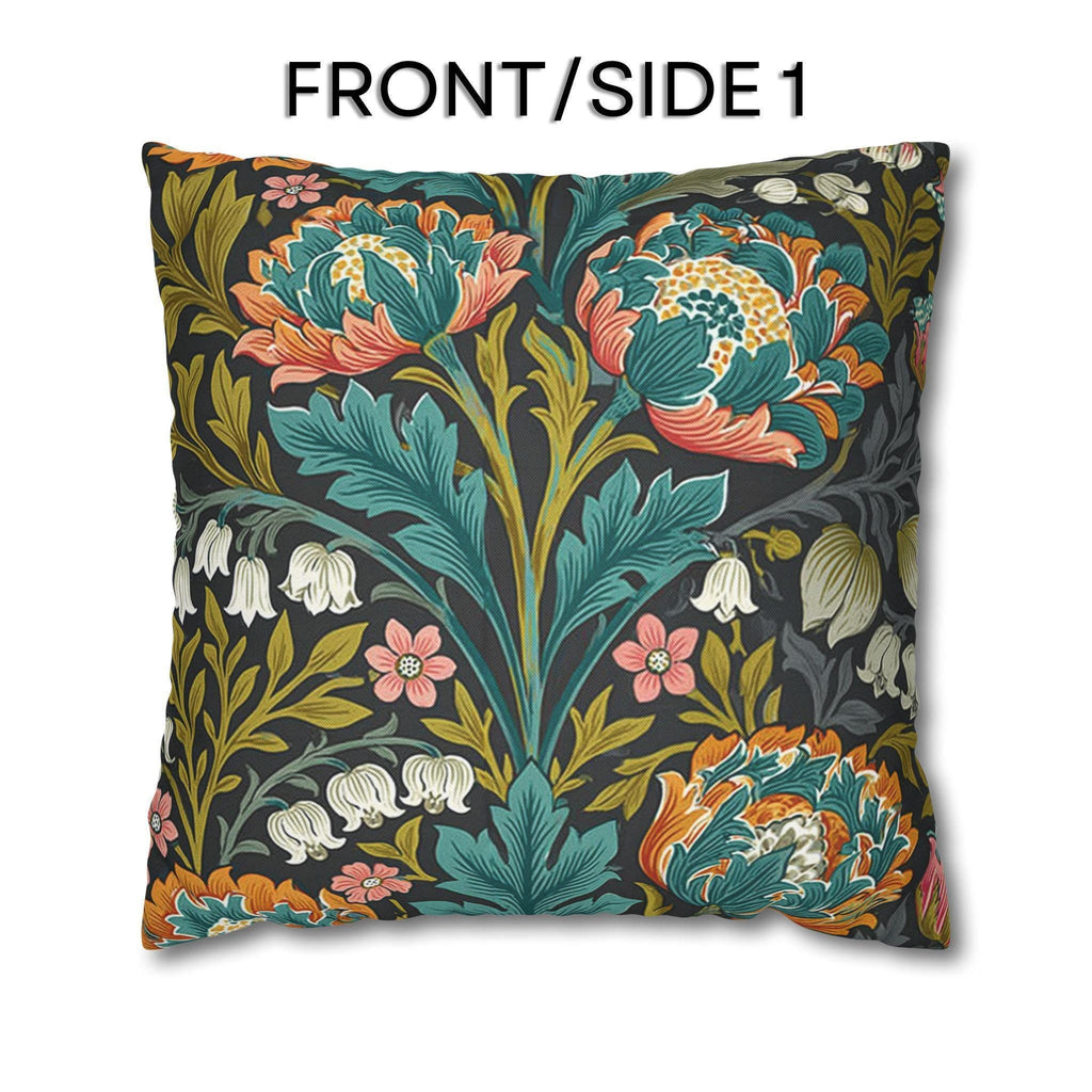 William Morris Style Throw Pillow Cover: Moody Teal Coral Botanical