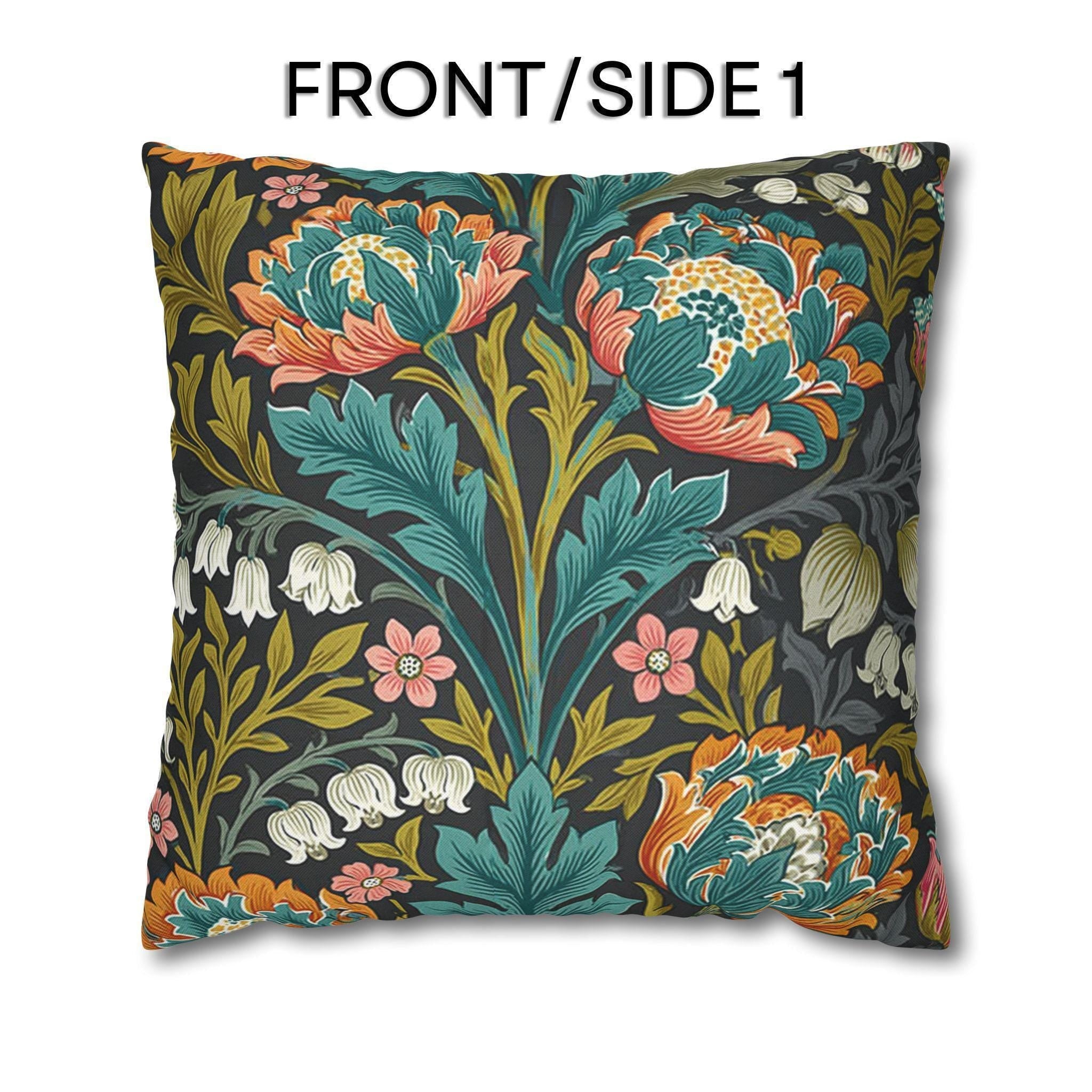 William Morris Style Throw Pillow Cover: Moody Teal Coral Botanical