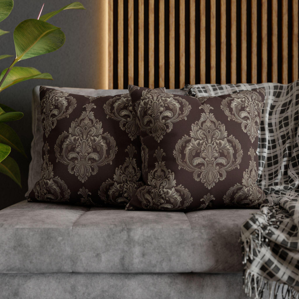 Elegant Damask Square Pillowcase: Taupe & Gray Motifs on Chocolate Brown, Sophisticated Home Decor